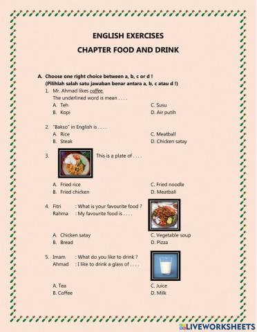 English Exercises Chapter Food and Drink