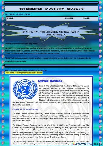 1st BIMESTER - 5ª ACTIVITY – “THE UN EMBLEM AND FLAG – PART II - UNITED NATIONS (U.N.)” - GRADE 3rd