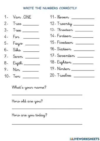 Numbers 1 to 20. Correct the mistakes.