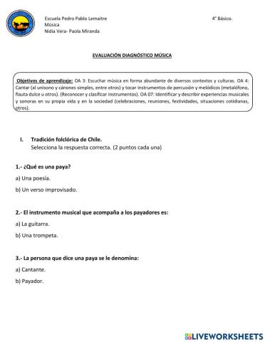 Evaluación Diagnóstico Música 4°