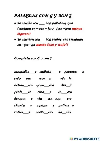 Palabras con g y j
