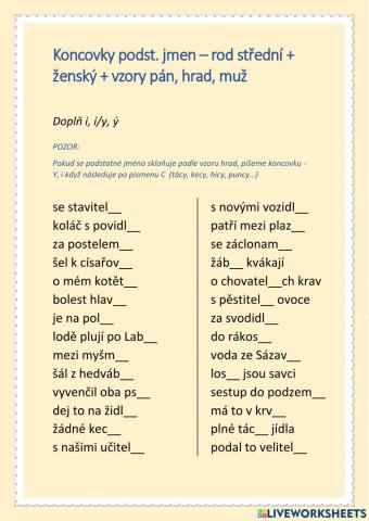 Koncovky podst. jmen – rod střední + ženský + vzory pán, hrad, muž
