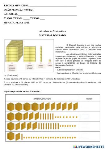 Atividade sobre representação numérica dom material dourado