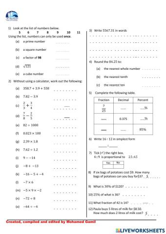 Year 7 Maths Revision (Trimester 2)