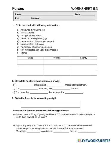 Forces WORKSHEET 5.3