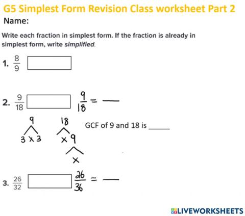 G5 Simplest Form Revision Class worksheet Part 2