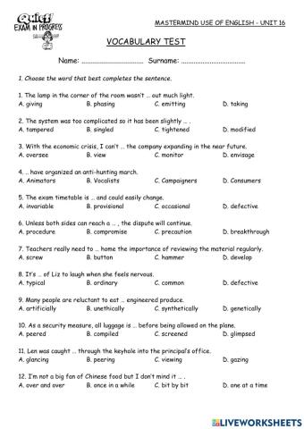 Mastermind Unit 16 Vocabulary Test