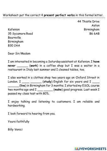 The present perfect and a formal letter