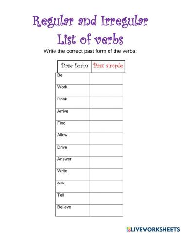 Regular and Irregular verbs List