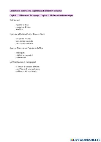 Comprensió lectora Tina superbruixa L'encanteri fantasma. Capítols 1 i 2