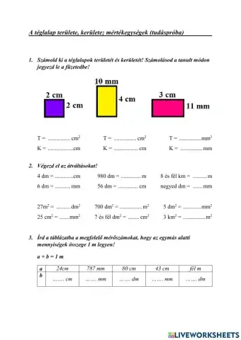 Téglalap területe, kerülete