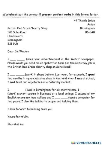 Present perfect in a formal letter