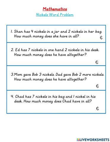 Word Problems with Nickels Friday