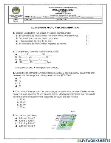 Actividades Apoyo de Matemáticas