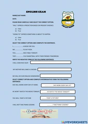 Evaluación de inglés 6° de secundaria