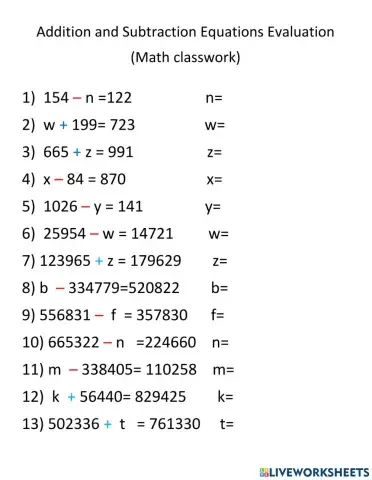 Addition and Subtraction Equation Evaluation Class