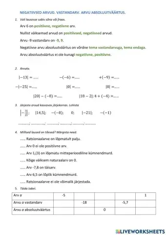 Naegatiivsed arvud. Vastandarv. Absoluutväärtus
