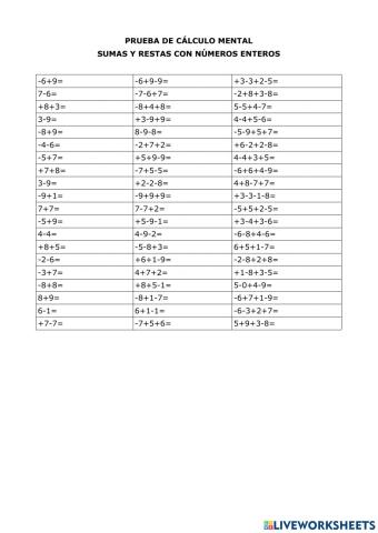 Prueba de cálculo mental. Sumas y restas de números enteros