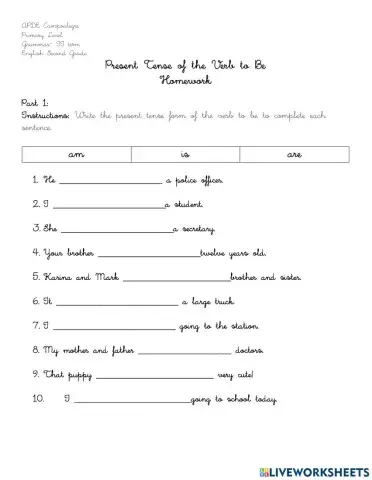 Homework verb to be present tense