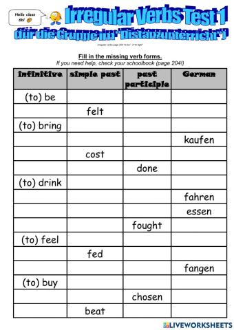 Irregular verbs test number 1