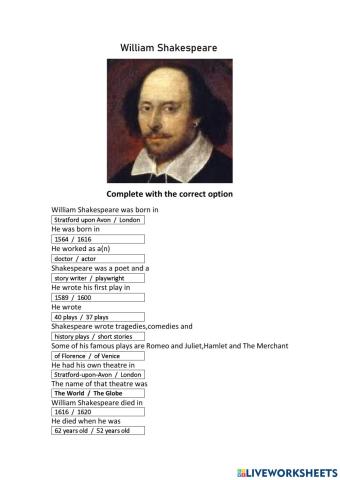 Read the text about W.Shakespeare in the 5th Grade Pupil's Book -page 86 and choose the correct option-What do you know about W.Shakespeare?