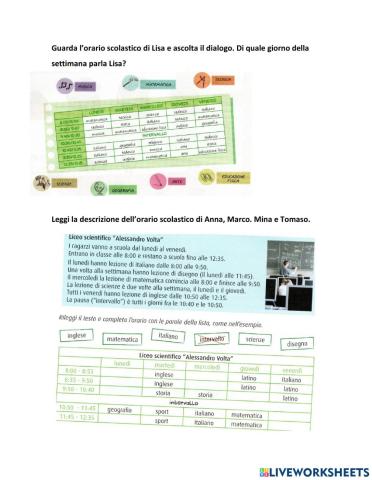 Orario scolastico ascolto e comprensione