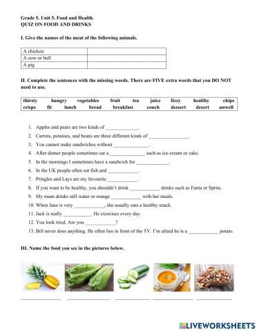 Grade 5. Quiz on Food and Drinks.
