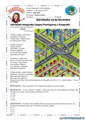 Atividade integrada Língua Portuguesa e Geografia - 15 de março