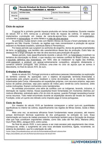 Colonização do Brasil: Ciclo econômico Cana - de -Açucar