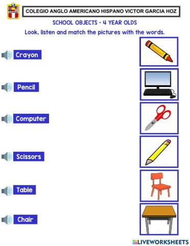 School objects – 4 year olds