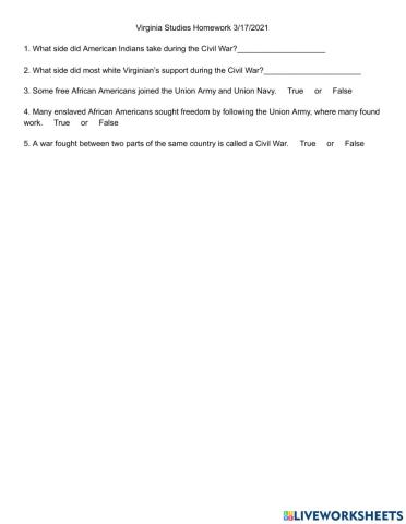 Virginia Studies Homework 3-17-2021 Civil War