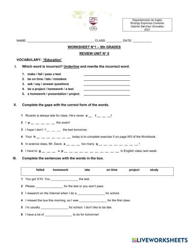 WORKSHEET N°1- VOC. 8TH GRADES 2021