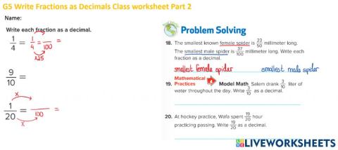 G5 Write Fractions as Decimals Class worksheet Part 2