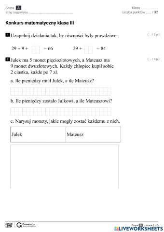 Konkurs matematyczny klasa III