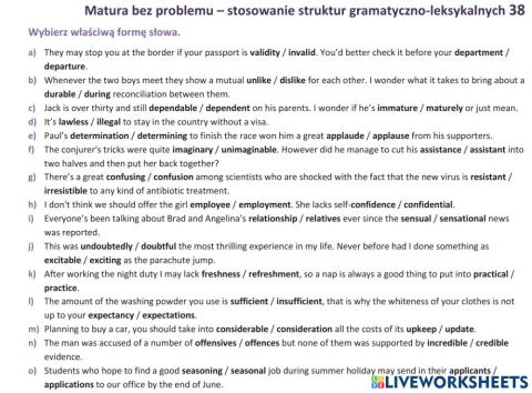 Matura - zadanie gramatyczno-leksykalne 38