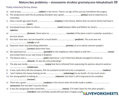 Matura - zadanie gramatyczno-leksykalne 39