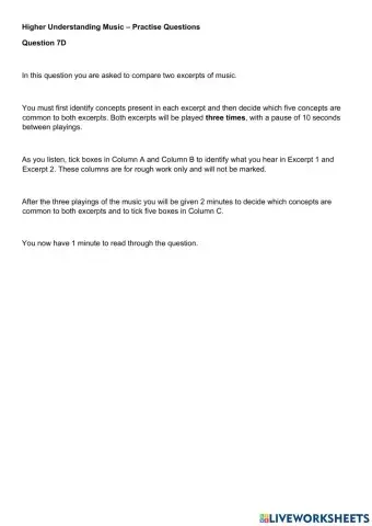 Higher Music UM Practise Question 7D