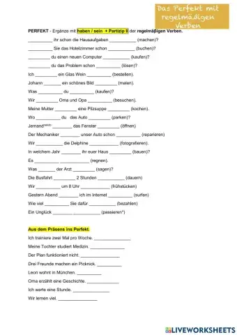 Perfekt mit regelmäβigen Verben Übungen