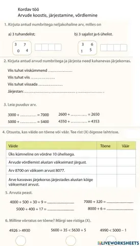 Kordav töö. Arvude koostis, järjestamine, võrdlemine