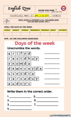VOCABULARY  ROCKS   -  DAYS  of  the WEEK