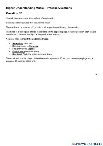 Higher Music UM Practise Question 8B