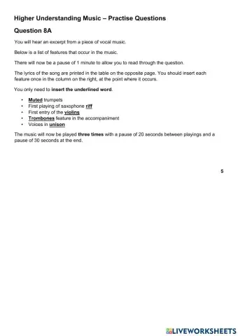 Higher Music UM Practise Question 8A