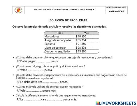 Problemas de adición y sustracción