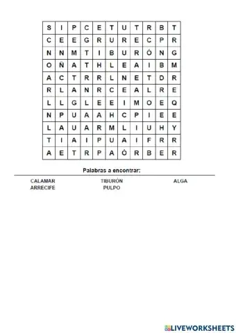 Sopa de letras fondo del mar