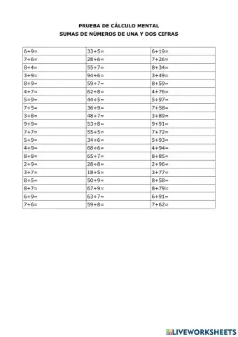 Sumas de números naturales de una y dos cifras