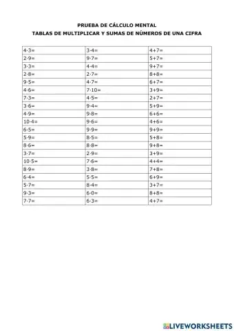 Prueba de cálculo mental. Tablas de multiplicar. Sumas de números de una cifra