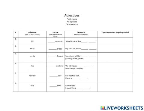 Adjectives in phrases and sentences