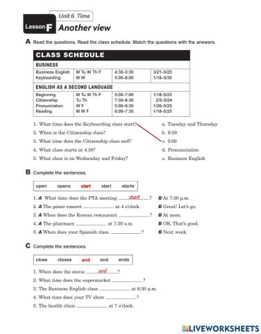 Class Schedule - Extra Practice