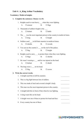Unit 4: King Arthur VOCABULRY EXERCISE