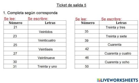 Leer y escribir números desde el 20 al 50